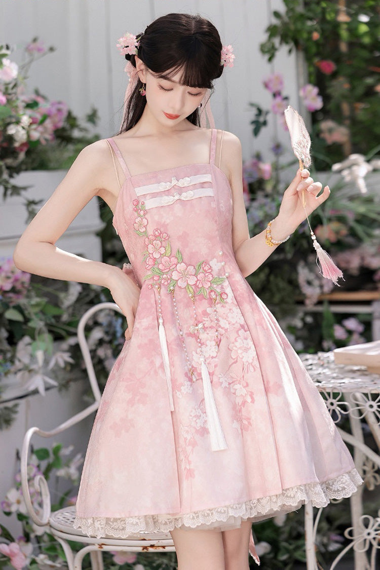Pink [Whispers on Falling Cherry Blossoms] Printed Embroidered Tassel Sweet Classic Chinese Style Lolita Jsk Dress Set - Product - 14
