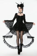 Black Square Collar Long Trumpet Sleeves Bat Printed Lace Irregular Hem Women's Gothic Dress - Black - 1