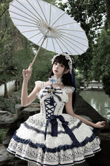 White/Blue [Mandarin Duck Rhapsody] Sleeveless Porcelain Printed Ruffled Bow Lace Chinese Style Sweet Lolita Jsk Dress - Product - 7