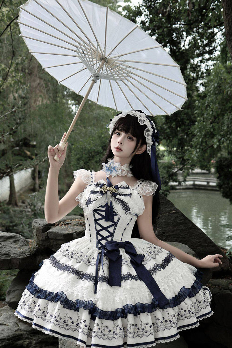White/Blue [Mandarin Duck Rhapsody] Sleeveless Porcelain Printed Ruffled Bow Lace Chinese Style Sweet Lolita Jsk Dress - Product - 7