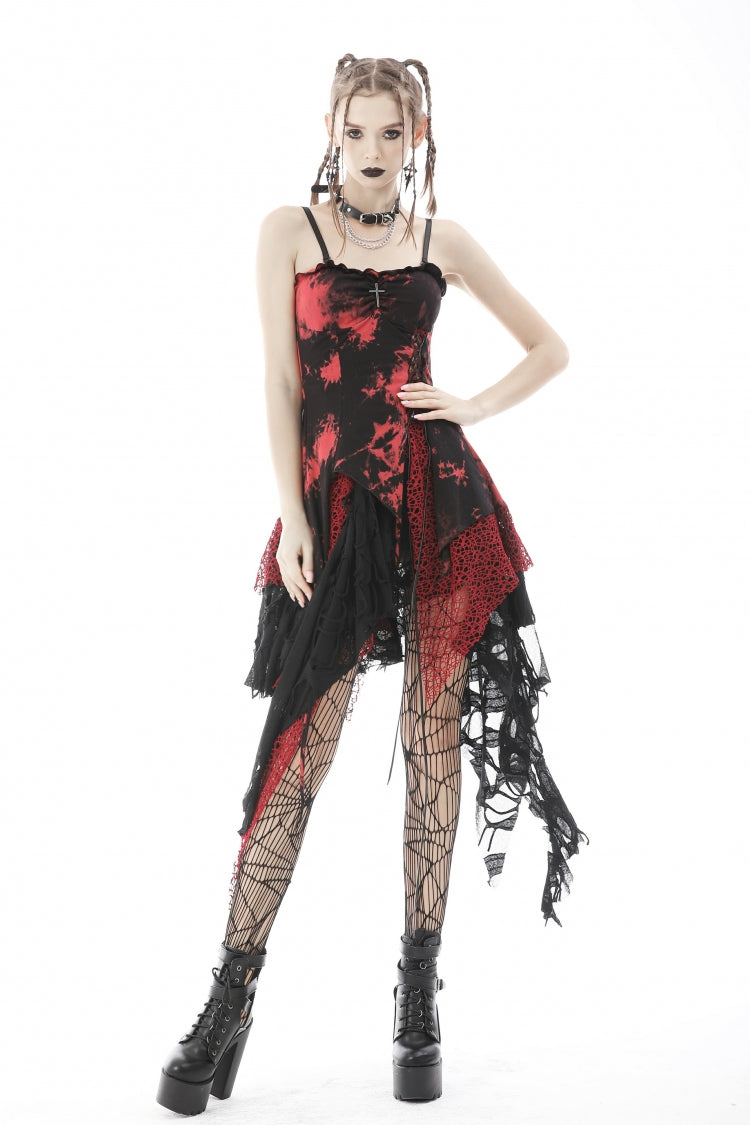 Black/Red Irregular Tie-dyed Patchwork Women's Punk Slip Dress - Product - 7