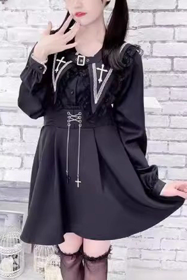 Jirai Kei Long Sleeves Cross Embroidery Japanese Lolita Blouse 2 Colors - Black - 1
