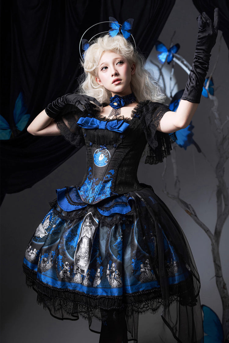 Blue [Dark Moon Corridor] Print Embroidery Gothic Lolita Dress Skirt - Blue - 1