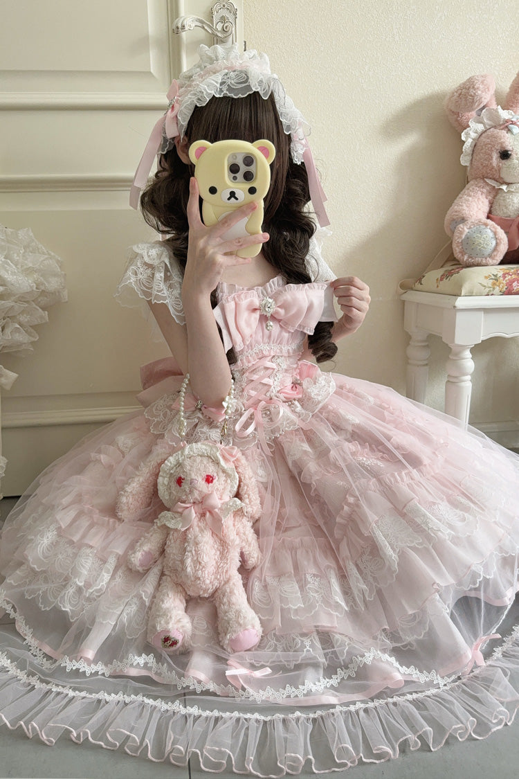 Pink [Eternal Vow] Sleeveless Multi-Layered Ruffle Hanayome Bowknot Lace Lace-Up Sweet Lolita Jsk Dress - Product - 5