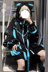 Black/Blue Chip Hacker Cyberpunk Functional Print Hooded Jirai Kei Japanese Sports Coat - Product - 5