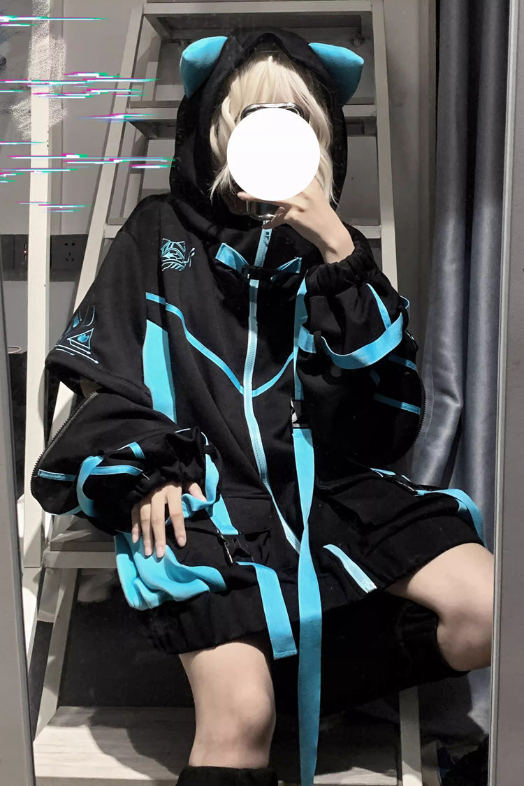 Black/Blue Chip Hacker Cyberpunk Functional Print Hooded Jirai Kei Japanese Sports Coat - Product - 5