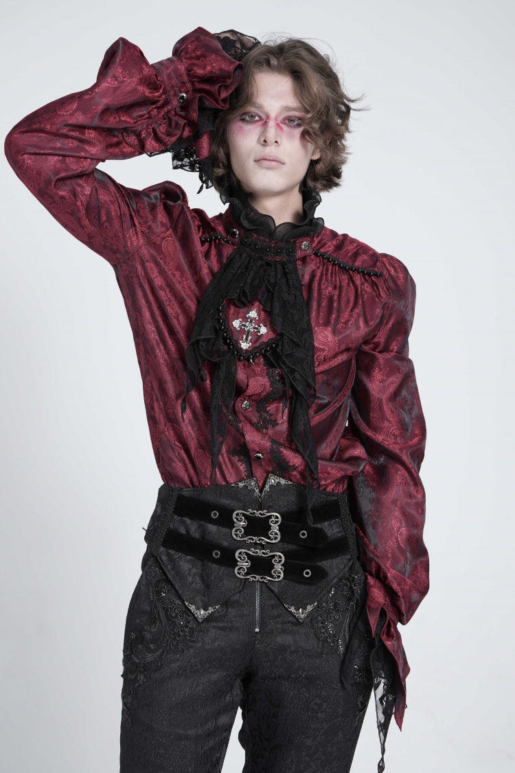 Red Long Puff Sleeves Men's Gothic Blouse with Lace Necktie - Red - 1