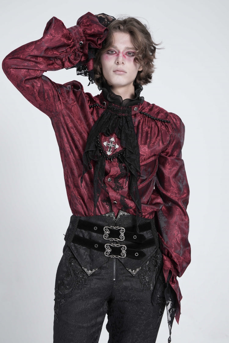 Red Long Puff Sleeves Men's Gothic Blouse with Lace Necktie - Red - 1