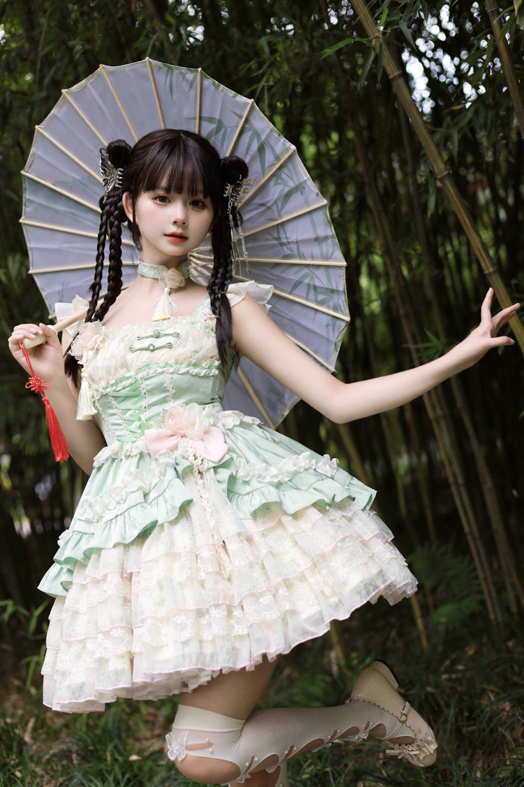 Ancient Poetry Print Multi-layer Ruffle Bowknot Lace Sweet Chinese Style Lolita Tiered Dress 2 Colors - Product - 7
