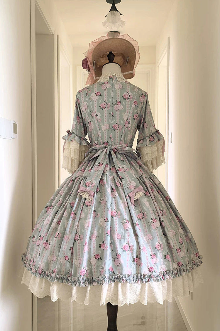 Green [Lilica Garden] Lapel Collar Short Trumpet Sleeves Flower Wall Printed Ruffled Open-Front Bow Lace Sweet Elegant Luxurious Lolita Dress - Product - 9