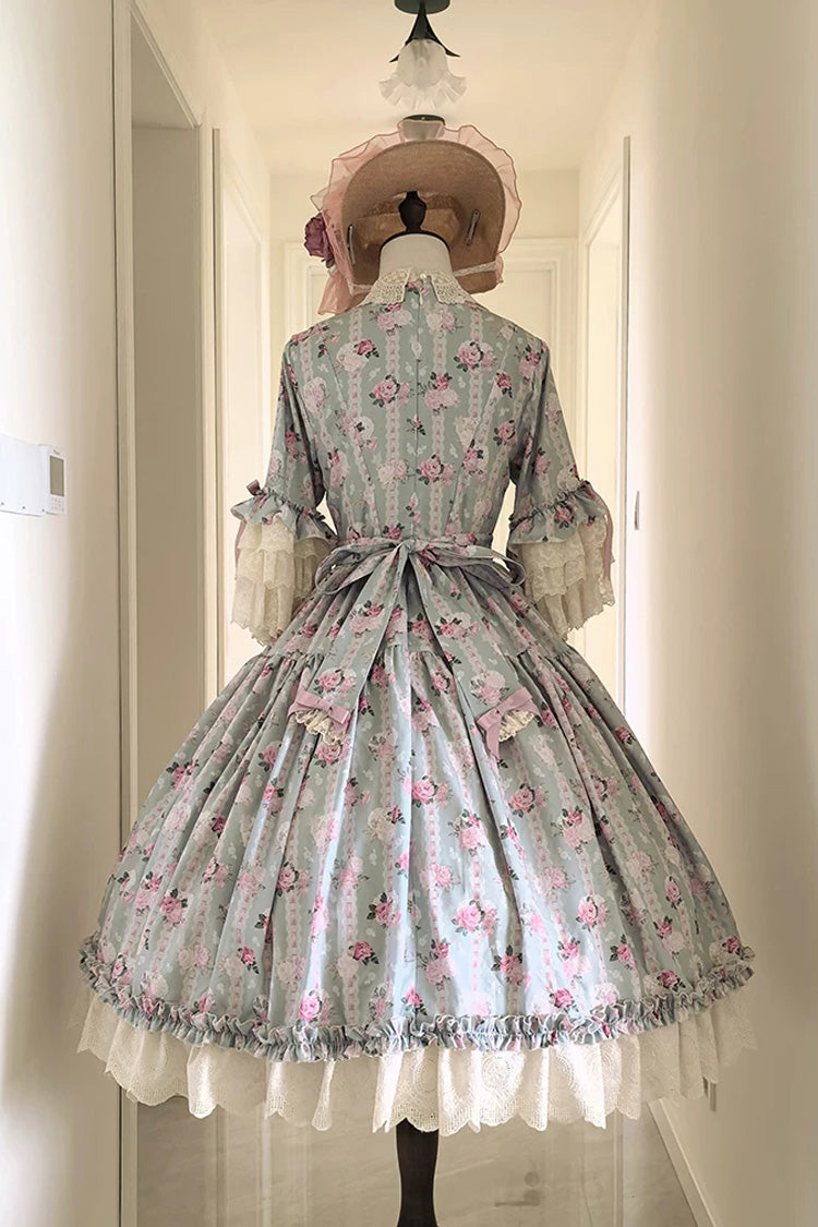 Green [Lilica Garden] Lapel Collar Short Trumpet Sleeves Flower Wall Printed Ruffled Open-Front Bow Lace Sweet Elegant Luxurious Lolita Dress - Product - 9