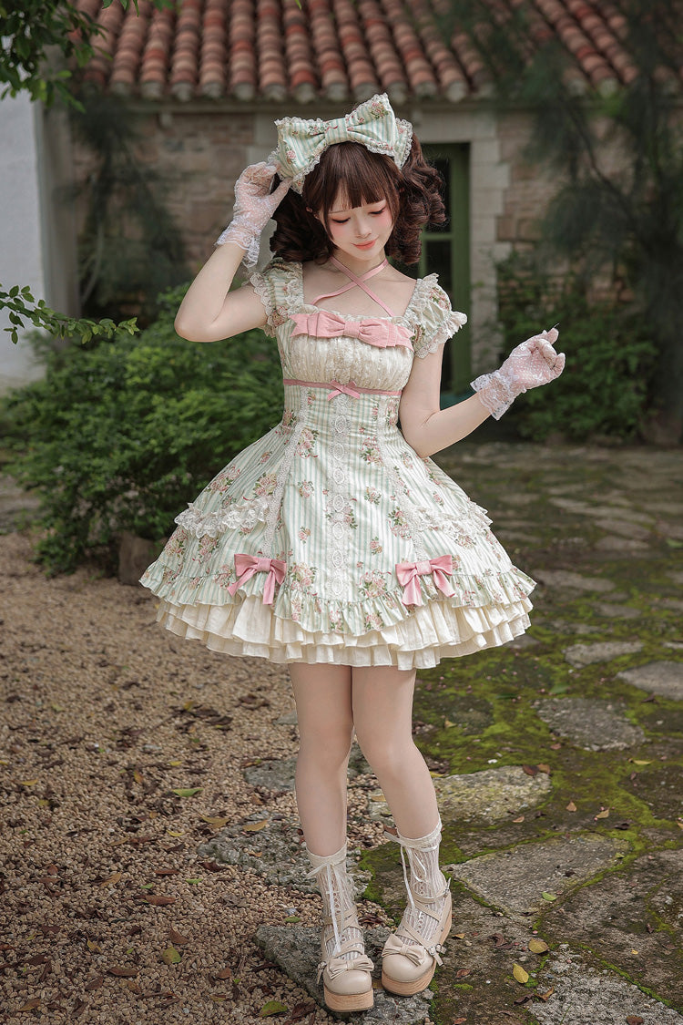 Green [An Encounter with Austin] Square Collar Short Sleeves Multi-Layered Rose Printed Ruffled Bow Lace Sweet Lolita Dress 2 Versions - Product - 14