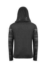 Black Collar Metal Button Irregular Striped Patchwork Bandage Hooded Men's Punk T-Shirt - Product - 9