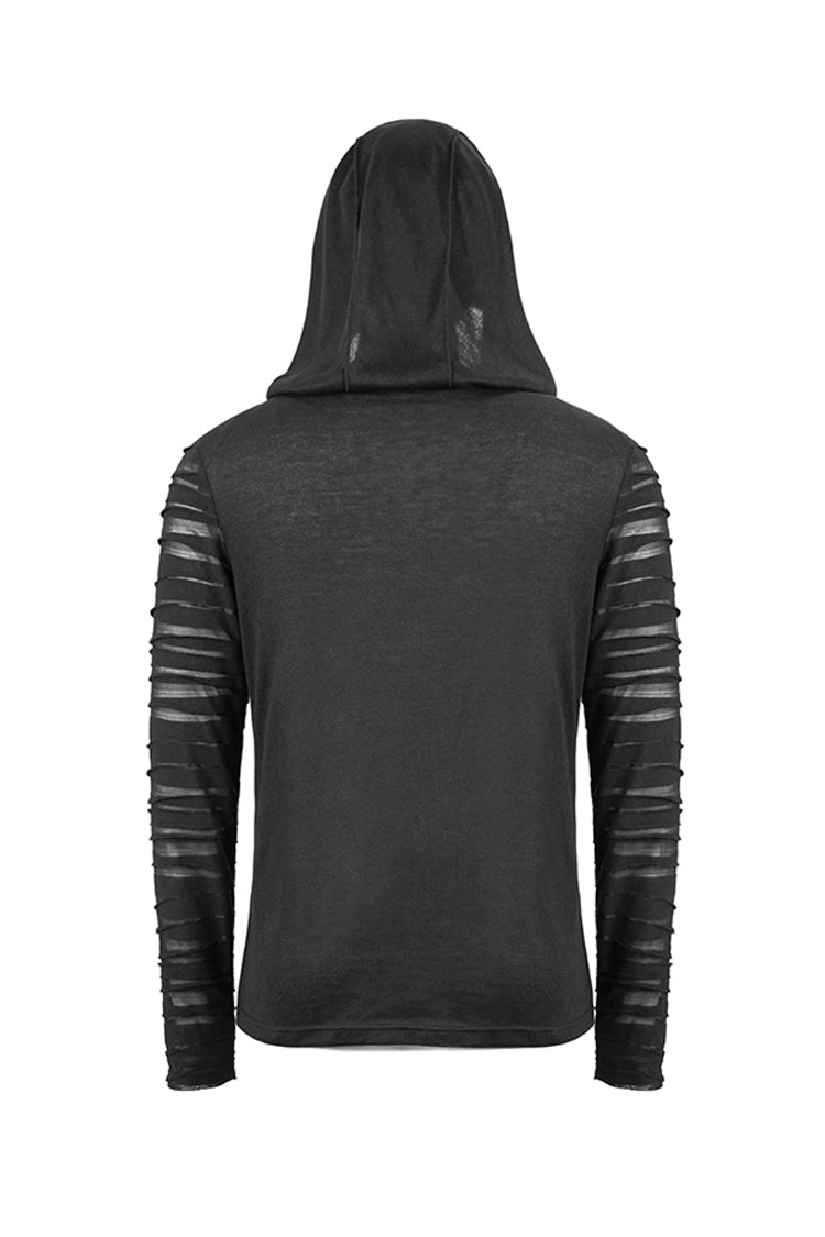 Black Collar Metal Button Irregular Striped Patchwork Bandage Hooded Men's Punk T-Shirt - Product - 9
