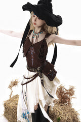 Brown/White [Dune Shadow Seeker] Sleeveless Ruffled Embroidered Irregular Vintage Lolita Skirt Set - Product - 11