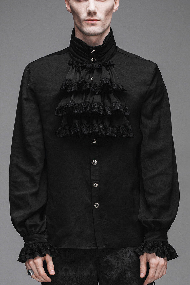 Black Ruffled Lace Button-Up Micro-bullet Chiffon Long Sleeve Men's Gothic Shirt - Black - 1