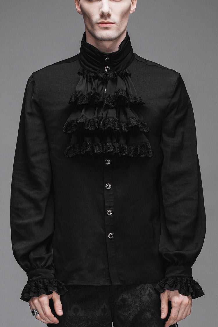 Black Ruffled Lace Button-Up Micro-bullet Chiffon Long Sleeve Men's Gothic Shirt - Black - 1