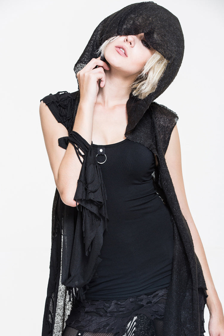 Black Asymmetrical Hole Wool Knit Women's Punk Hooded Shawl - Product - 7
