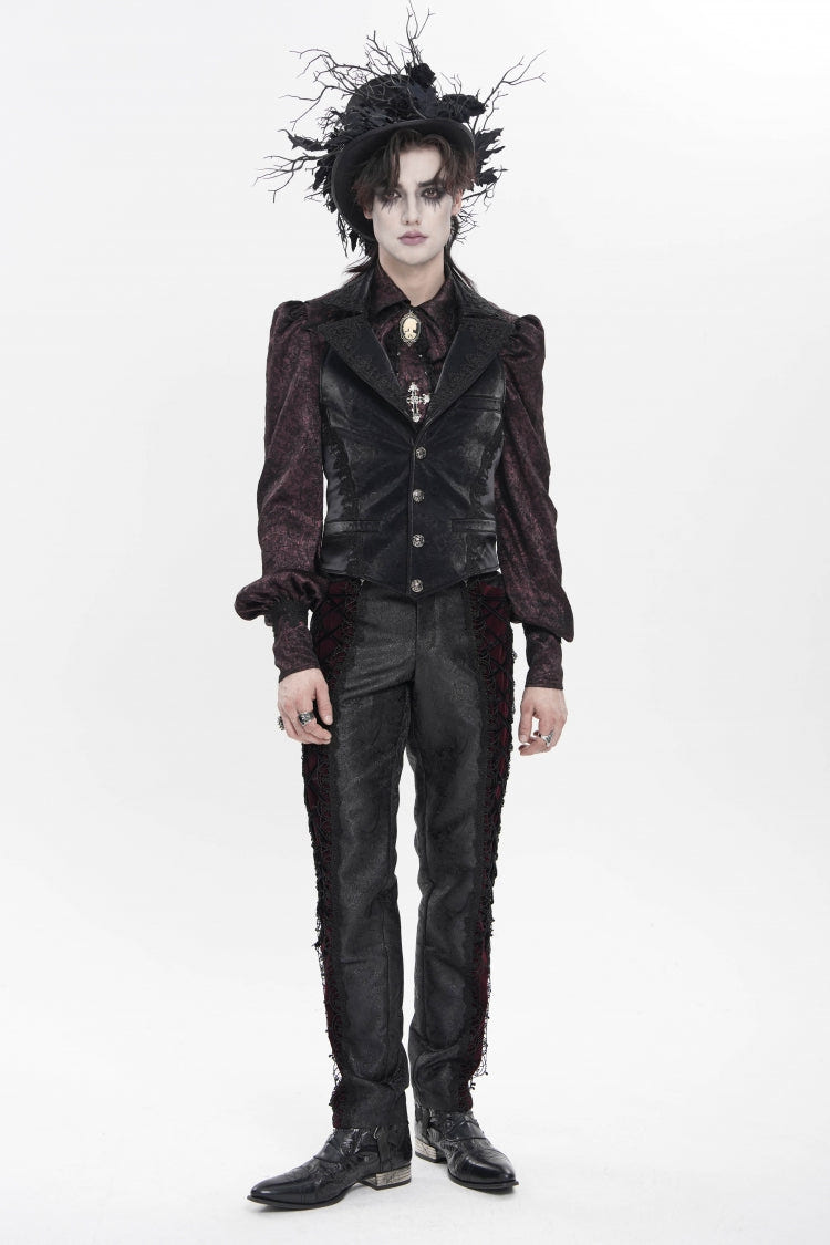 Black Lapel Collar Jacquard Lace Slim Men's Gothic Vest - Product - 3