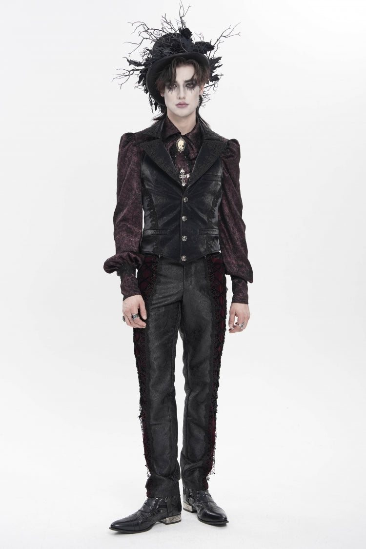 Black Lapel Collar Jacquard Lace Slim Men's Gothic Vest - Product - 3