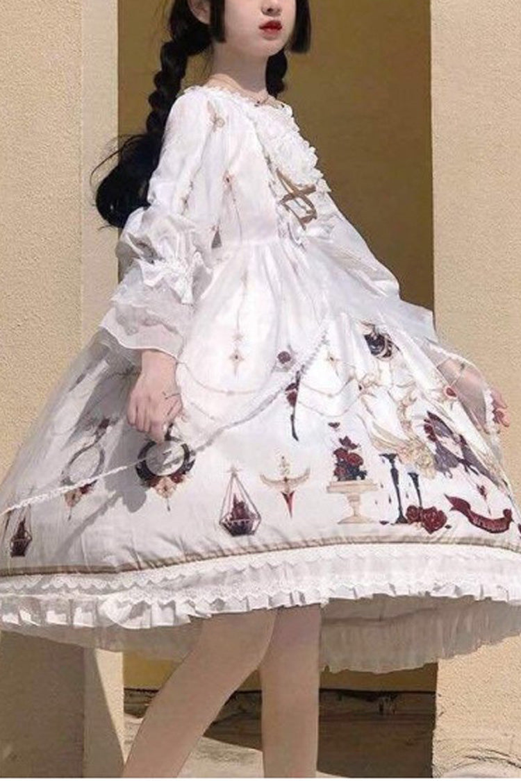 White Lace Ruffled Princess Print Sweet Lolita OP Dress - white - 1