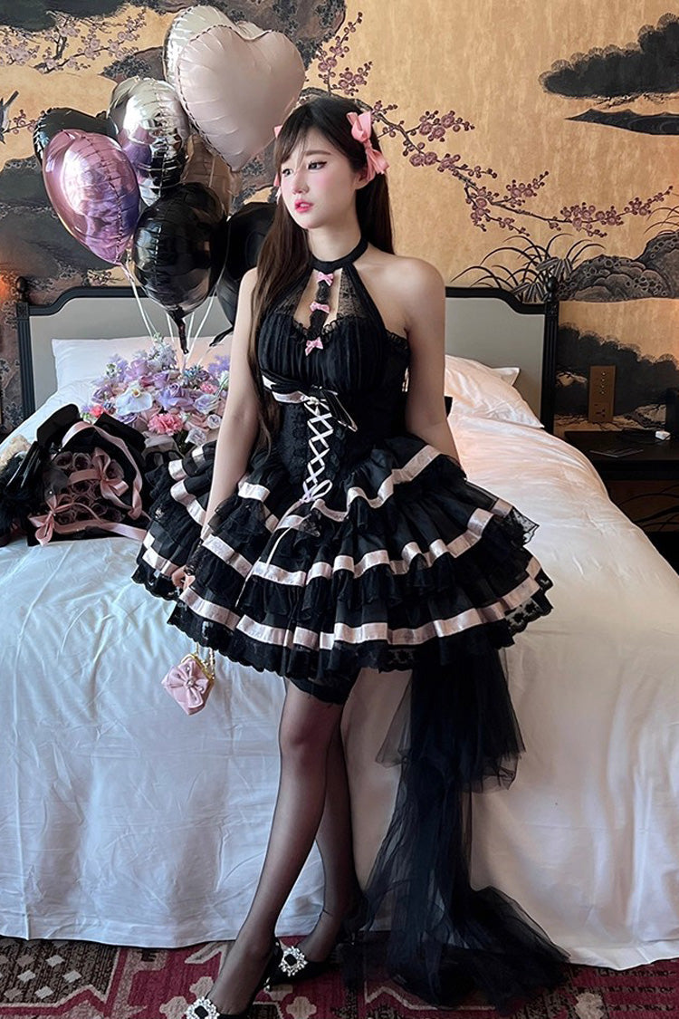 Black [Ballet Dream] Halterneck Triple-Layered Ruffle Bowknot Lace-Up Sweet Princess Lolita Dress - Product - 8