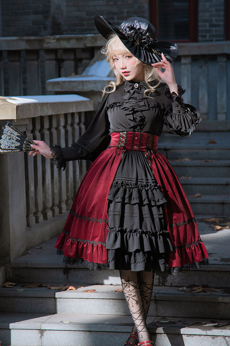 Black/Red Stitching Cardigan Ruffled Multi-Layer Gothic Lolita Skirt Dress - Product - 3