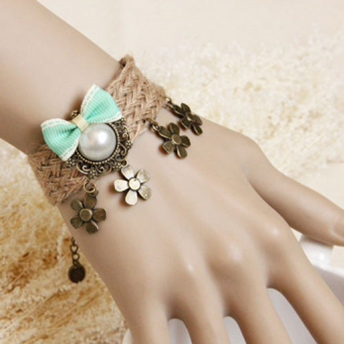 Retro Fashion Personality Artificial Pearl Flower Green Bow Female Hemp Rope Lolita Bracelet - Green - 1