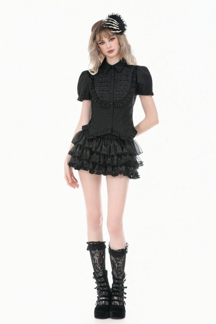 Black Pointed Turn‑down Collar Ruffled Short Puff Sleeves Pleated Women's Gothic Victorian Slim Blouse - Product - 9