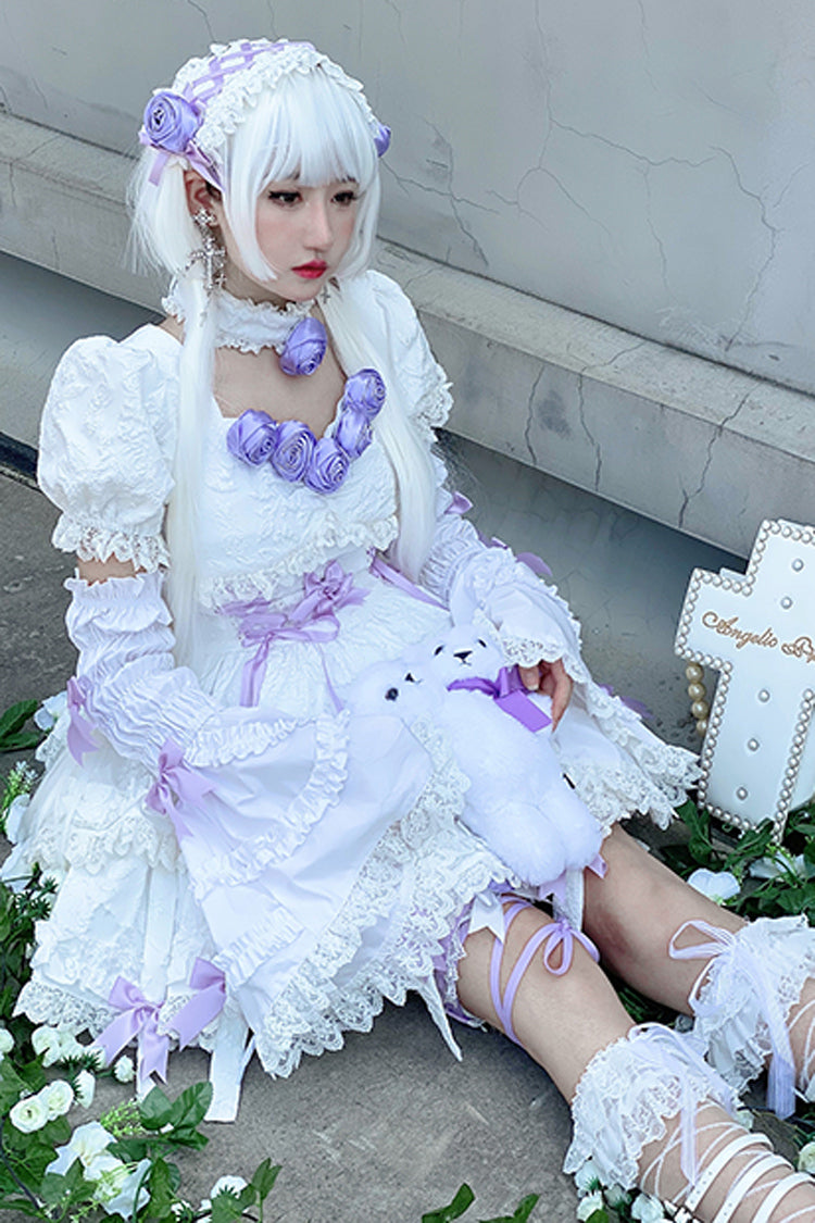 White/Purple Puff Short Sleeves Princess Gothic Lolita Tiered Dress - Product - 7