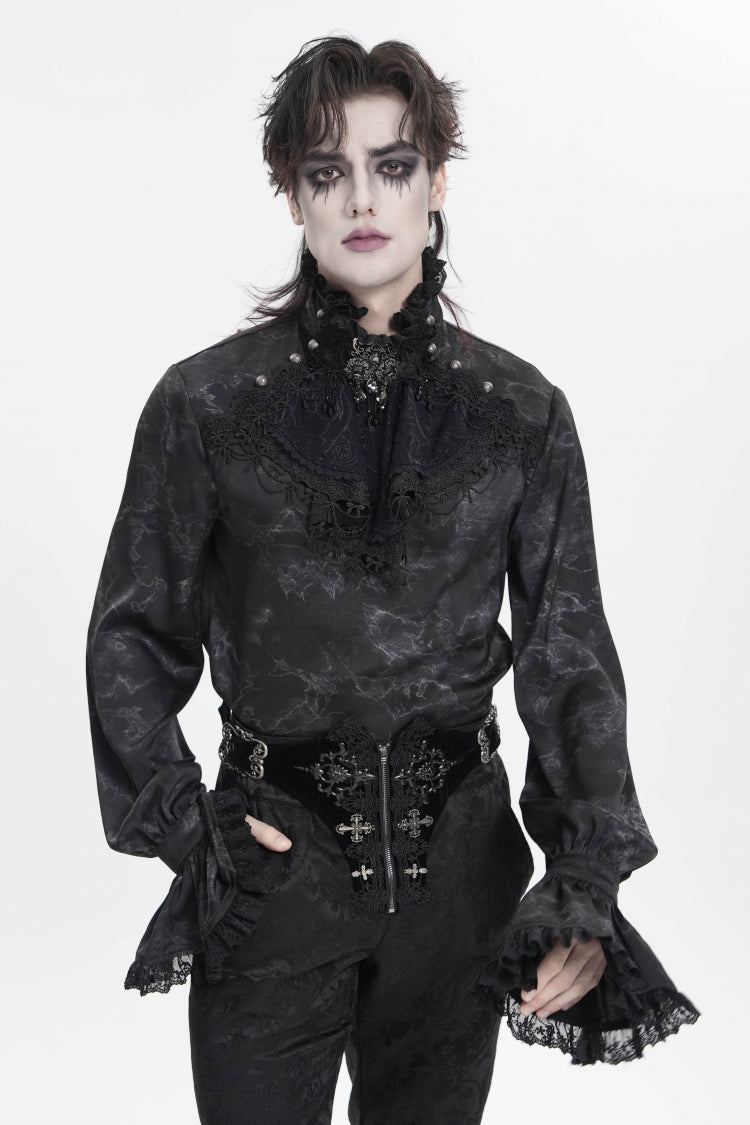 Black Stand Collar Long Trumpet Sleeves Printed Bow Lace Pearl-Decorated Men's Gothic Gorgeous Shirt - Product - 11