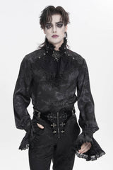 Black Stand Collar Long Trumpet Sleeves Printed Bow Lace Pearl-Decorated Men's Gothic Gorgeous Shirt - Product - 11