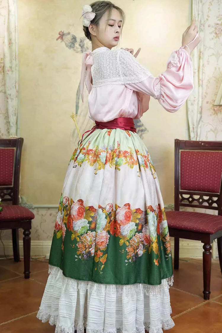 Green [Rainy Season Garden] Print Ruffle Sweet Classic Lolita Skirt - Product - 4