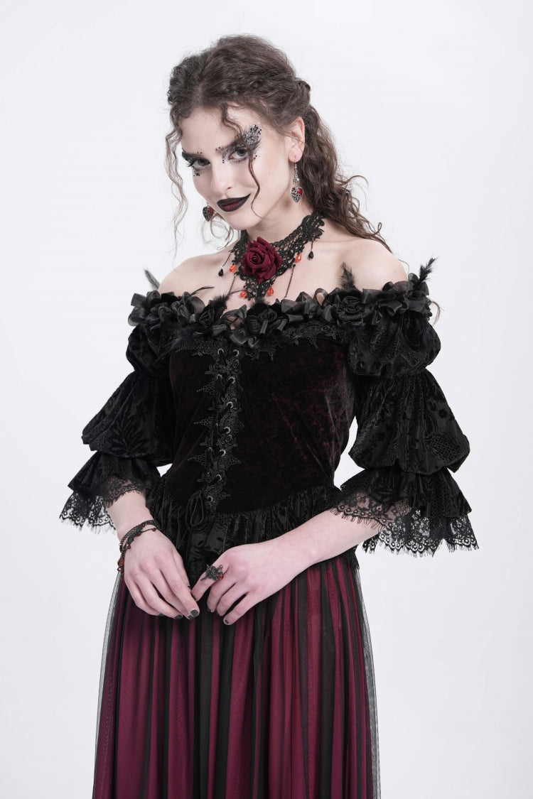 Red Off Shoulder Long Sleeves Ruffle Embroidery Lace-Up Women's Gothic Blouse - Red - 1
