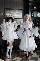 White [Cross Doll] Long Hime Sleeves Ruffle Lace Gothic Lolita Dress Set 2 Versions - White - 1
