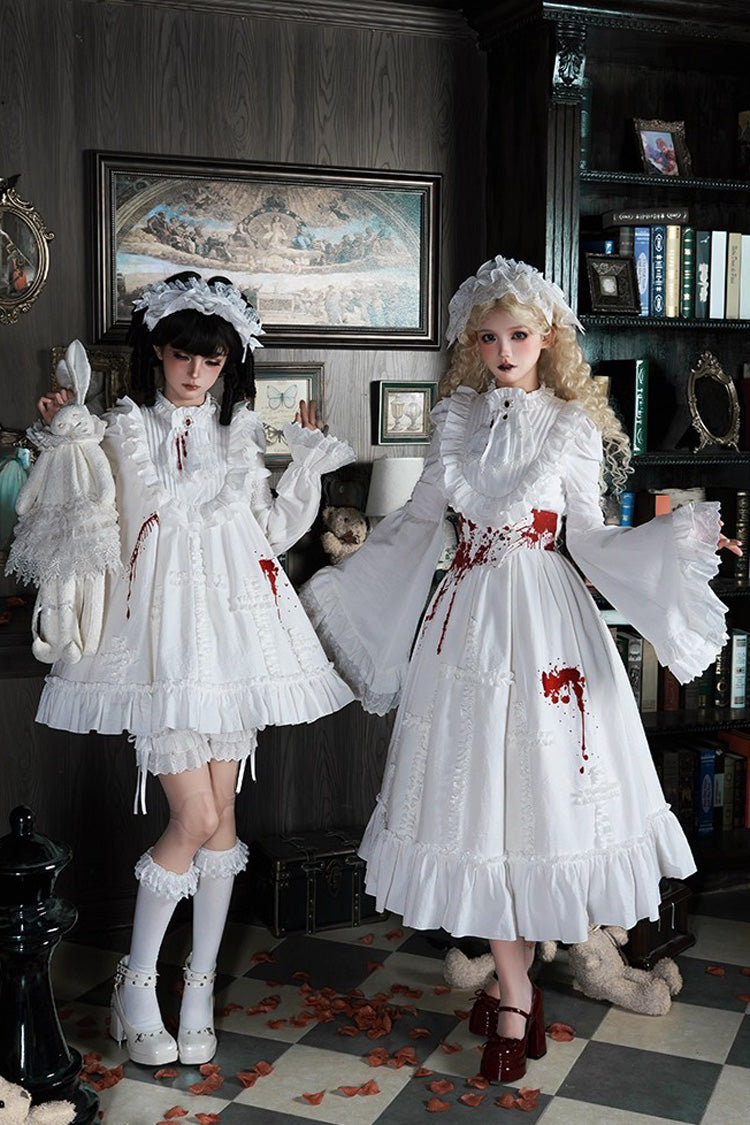 White [Cross Doll] Long Hime Sleeves Ruffle Lace Gothic Lolita Dress Set 2 Versions - White - 1