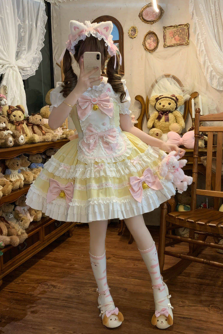 Yellow [Meowling Sweet Maid] Sleeveless Multi-Layered Ruffle Bowknot Lace Sweet Princess Lolita Jsk Dress - Product - 5
