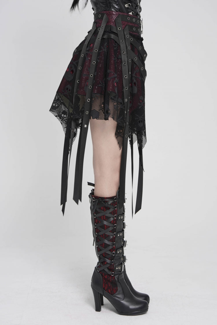 Black/Red Double-Layered Lace Lace-Up Irregular Mesh Eyelet Women's Punk Skirt - Product - 5