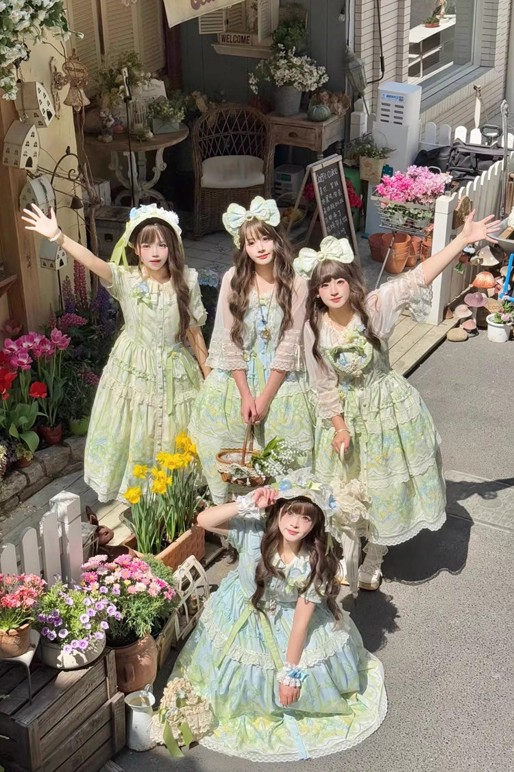 Blue/Green [Lily of the Valley Perfume] Pearl Candy Tea Doll Collar Sleeveless Printed Lace Plus Size Sweet Lolita Jsk Dress - Product - 4