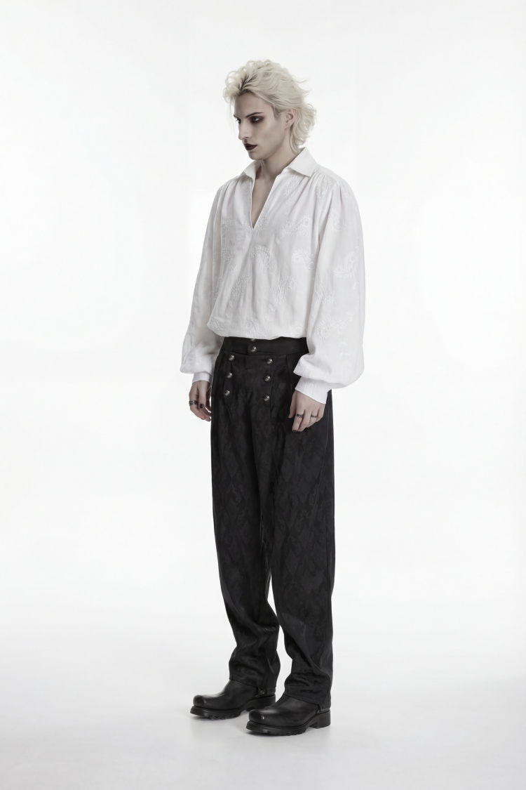 White Lapel Collar Long Lantern Sleeves Printed Embroidered Men's Gothic Shirt - Product - 2