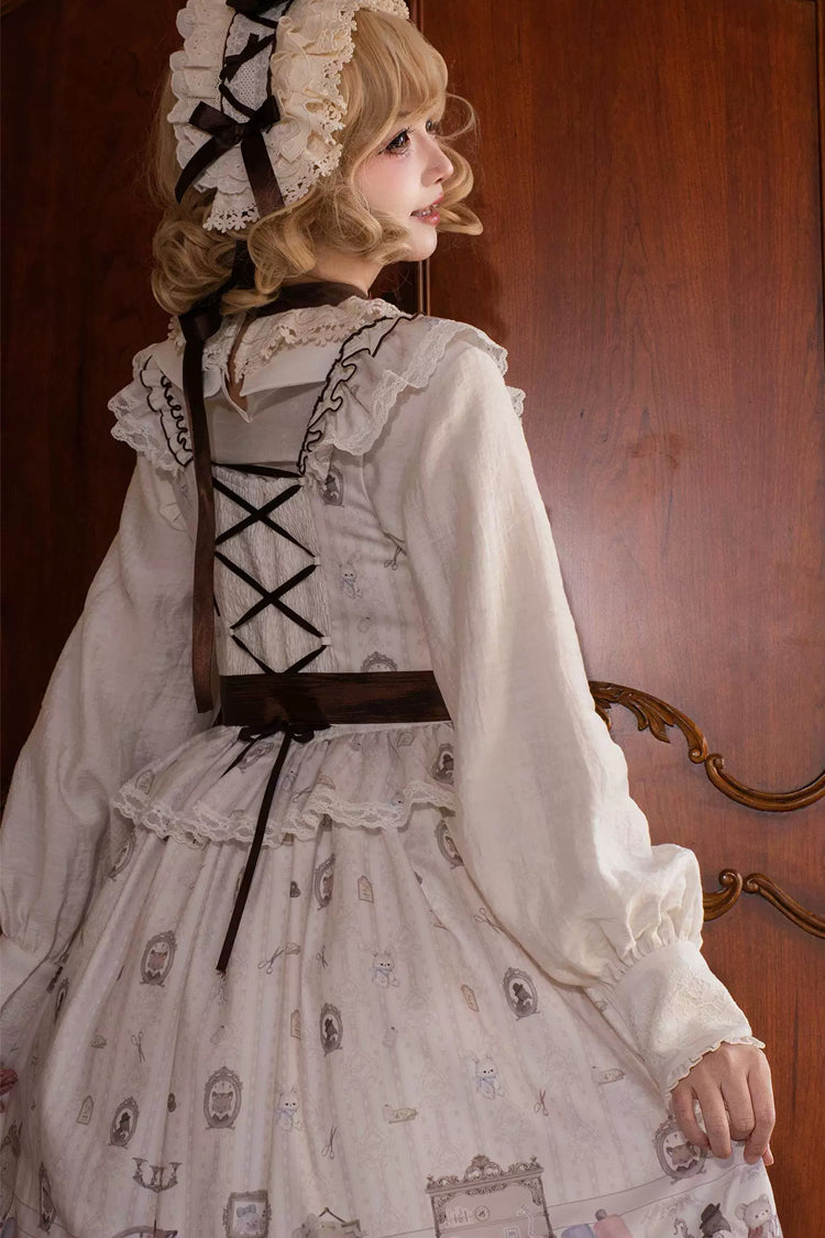 Ivory [Forest Tailor Shop] Square Collar Printed Ruffled Bow Sweet Lolita Jsk Dress - Product - 2