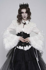 White Lapel Collar Long Trumpet Sleeves Lace Lace-Up Slim Women's Gothic Blouse - White - 10