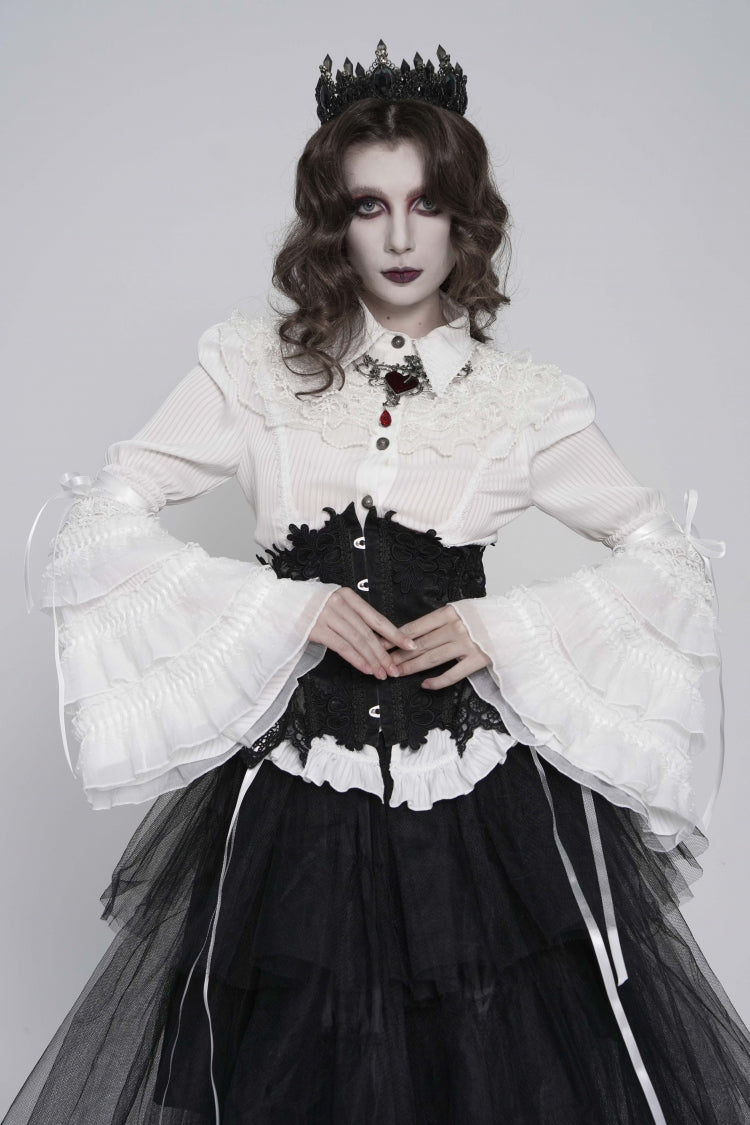 White Lapel Collar Long Trumpet Sleeves Lace Lace-Up Slim Women's Gothic Blouse - White - 10
