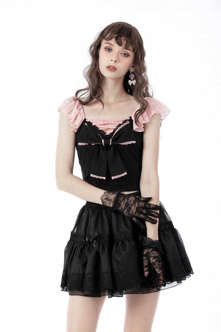 Black Women's Gothic Lolita Bowknot Multi-Layered Lace Trim Mini Skirt - Black - 1