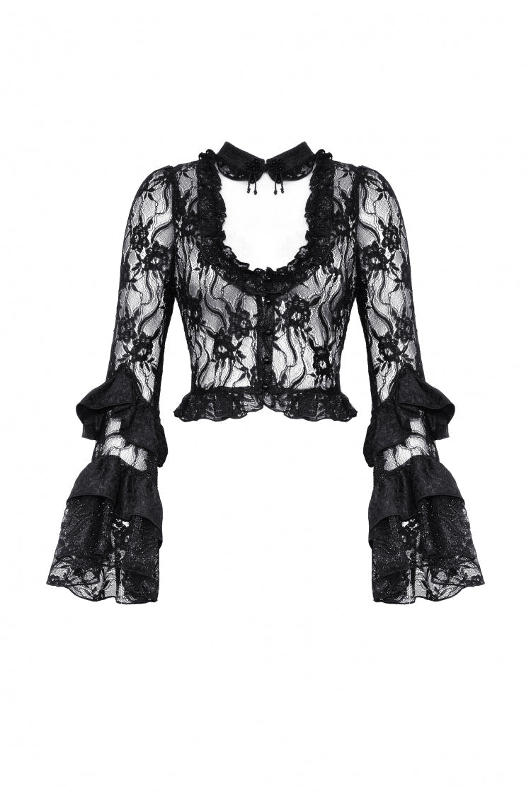 Black Multi-Layered Long Trumpet Sleeves Lace Lace-Up Women's Gothic Top - Product - 3