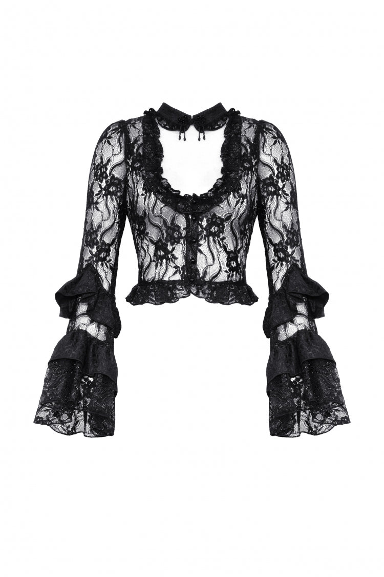 Black Multi-Layered Long Trumpet Sleeves Lace Lace-Up Women's Gothic Top - Product - 3