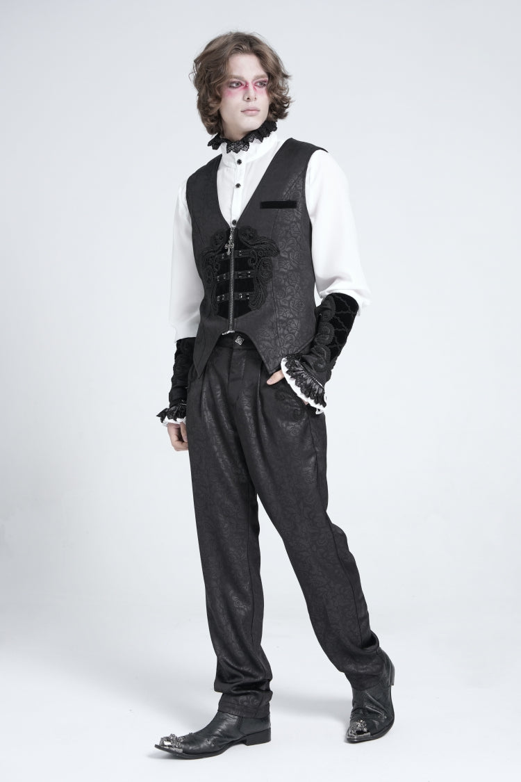 Black Floral Print Embroidery Men's Gothic Suit Pants - Product - 9