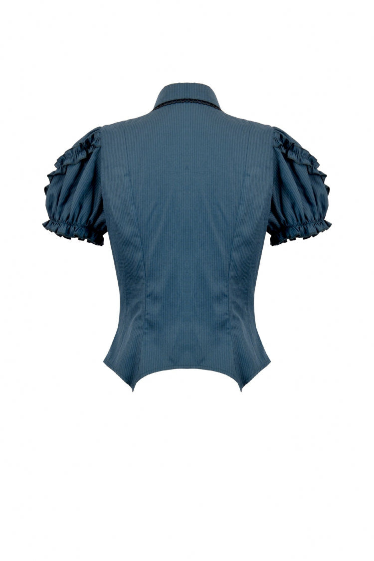 Blue Pinstripe Point Collar Short Puff Sleeves Women's Gothic Blouse with Detachable Bat Bow Tie - Product - 17