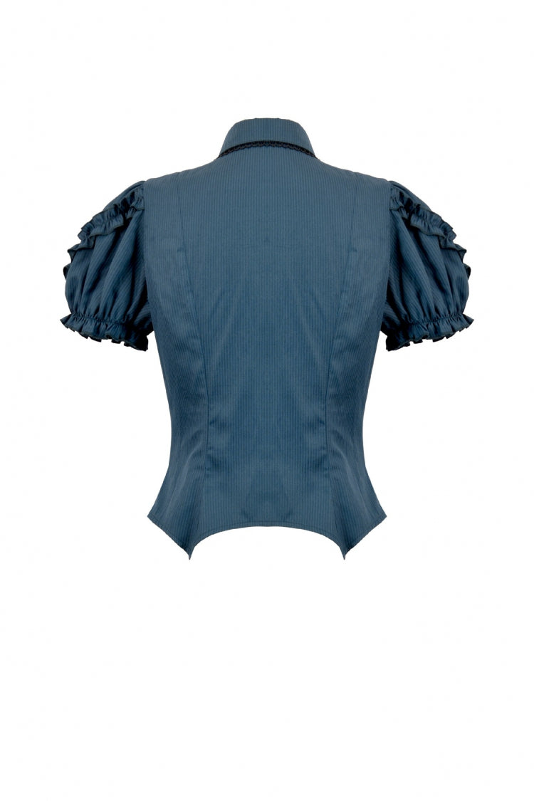 Blue Pinstripe Point Collar Short Puff Sleeves Women's Gothic Blouse with Detachable Bat Bow Tie - Product - 17