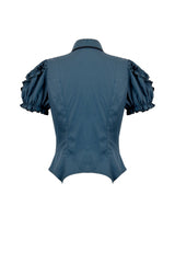 Blue Pinstripe Point Collar Short Puff Sleeves Women's Gothic Blouse with Detachable Bat Bow Tie - Product - 17